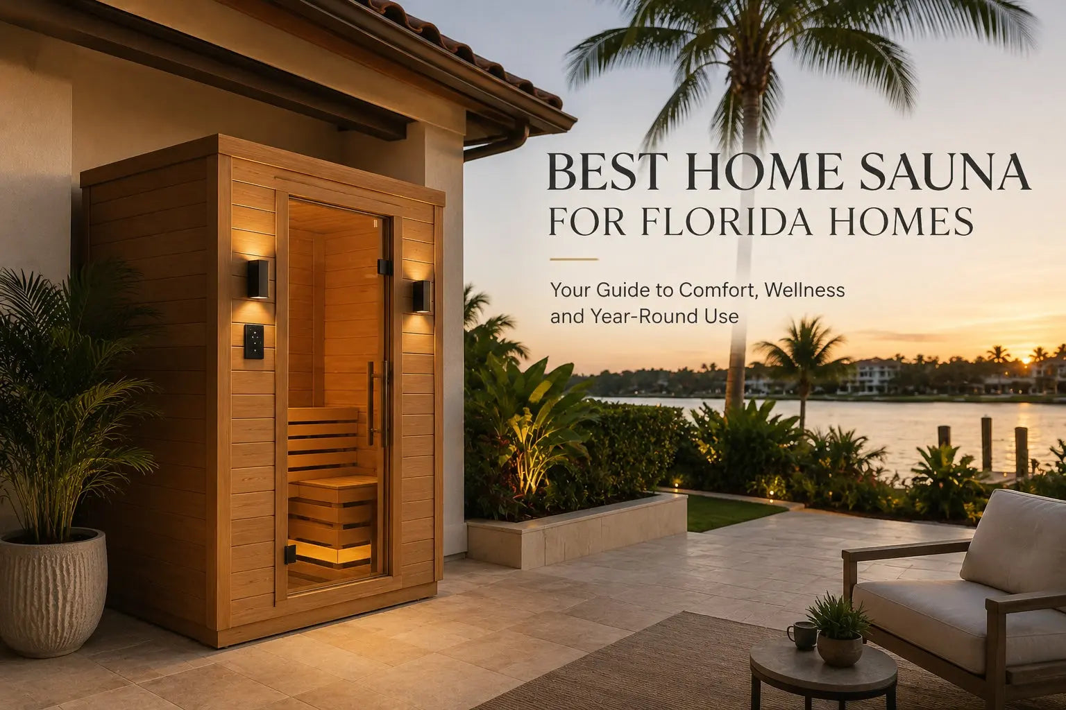 Outdoor cedar infrared sauna on a waterfront Florida patio at sunset with palm trees