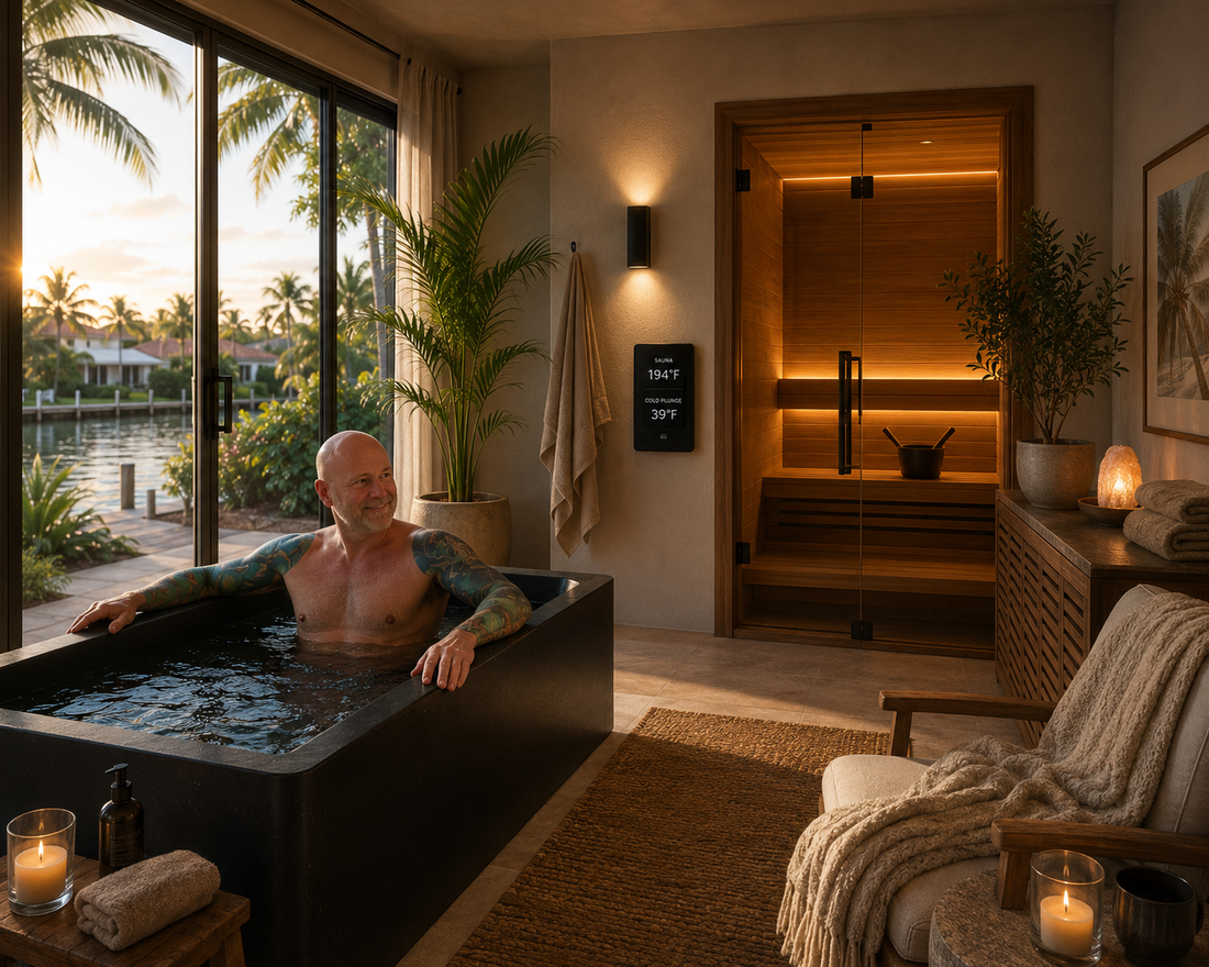 Sauna and cold plunge side by side — contrast therapy ritual