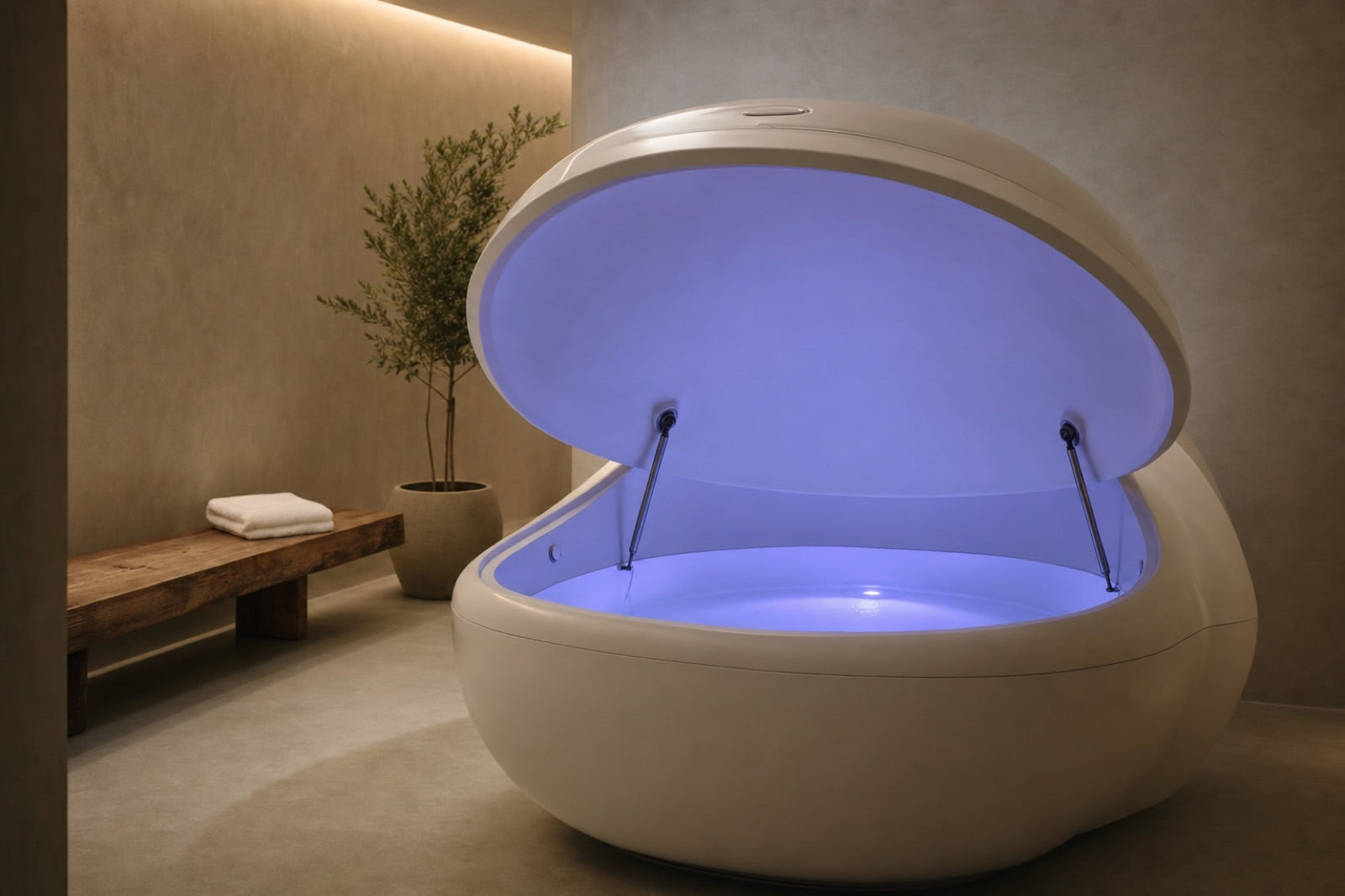 Modern egg-shaped floatation tank with its lid open and interior glowing soft blue, still salt water inside, in a calm minimal wellness room