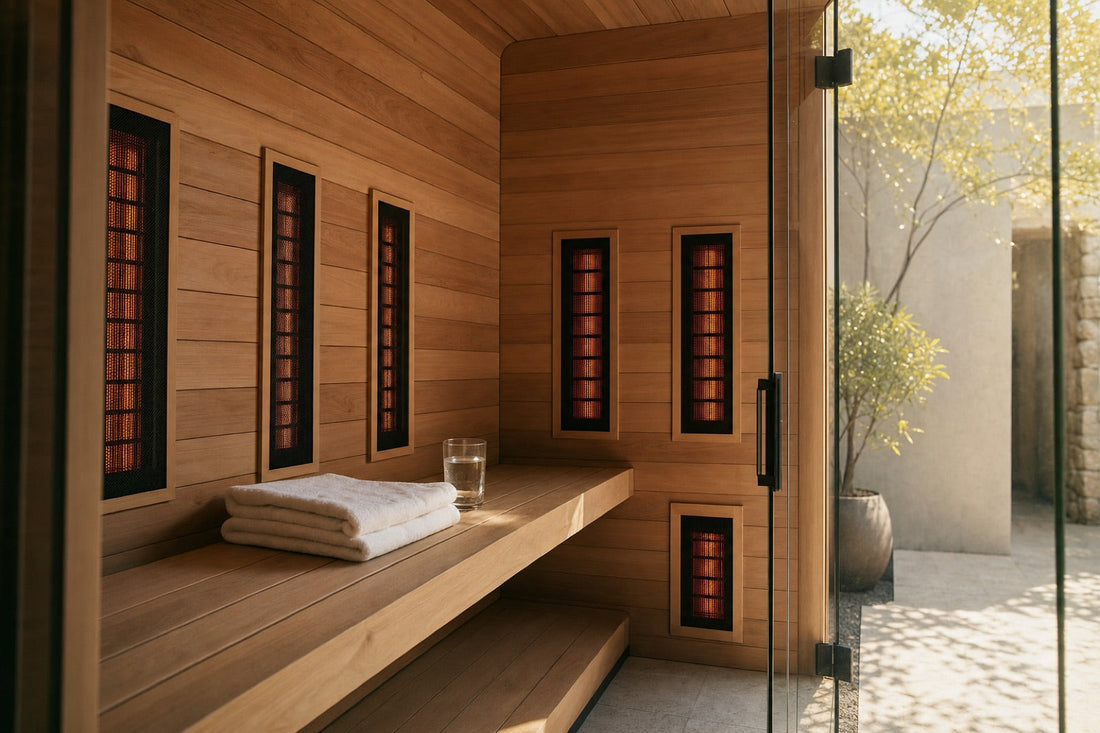 Interior of a warm cedar far-infrared sauna with glowing infrared heater panels, a folded white towel and a glass of water on the bench