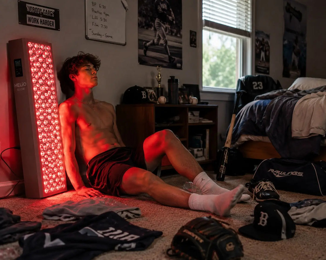 Young baseball player relaxing shirtless against a Helio Glow red light therapy panel in his bedroom after practice, surrounded by gear