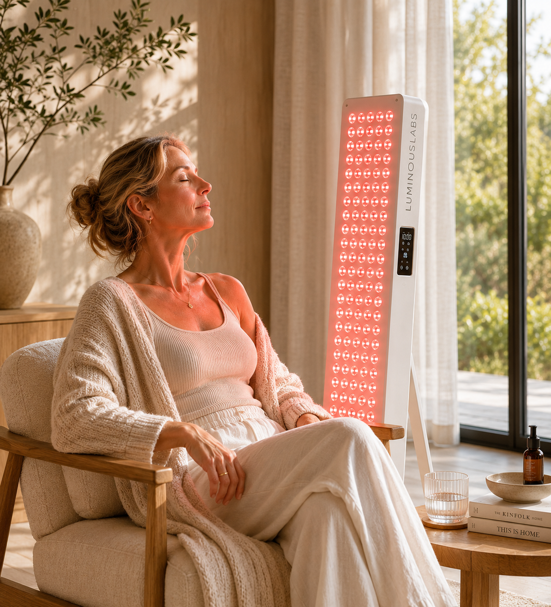Red light therapy panel in a calm, warmly lit recovery space