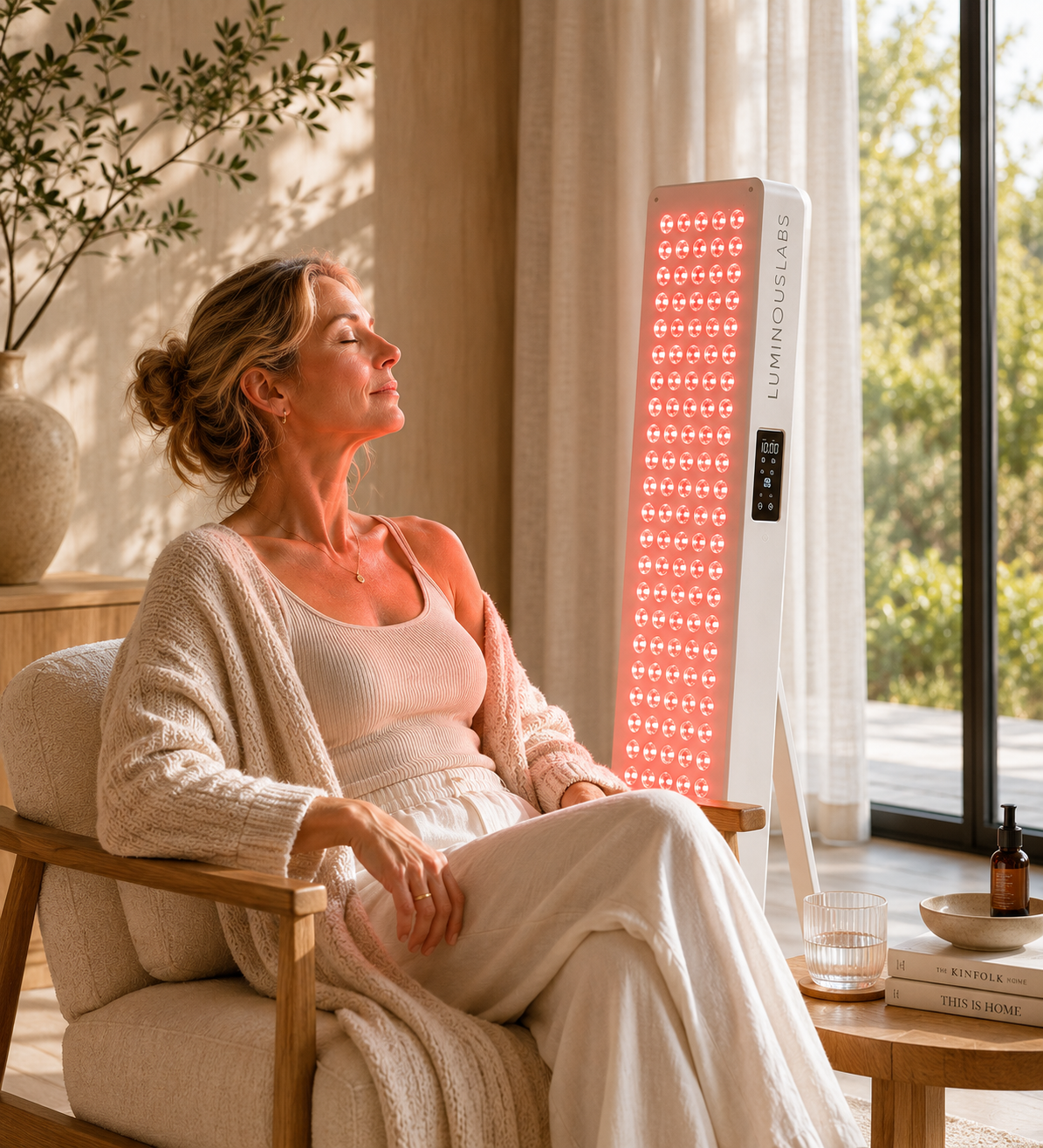 Red light therapy panel in a calm, warmly lit recovery space