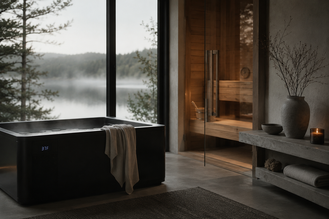 Quiet recovery space with a cold plunge, lakeside sauna, and warm evening light