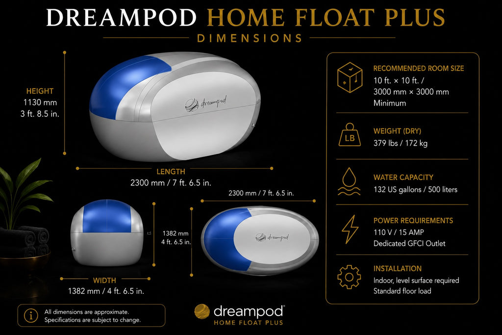Dreampod Home Float Plus flotation tank dimensions and product specifications diagram