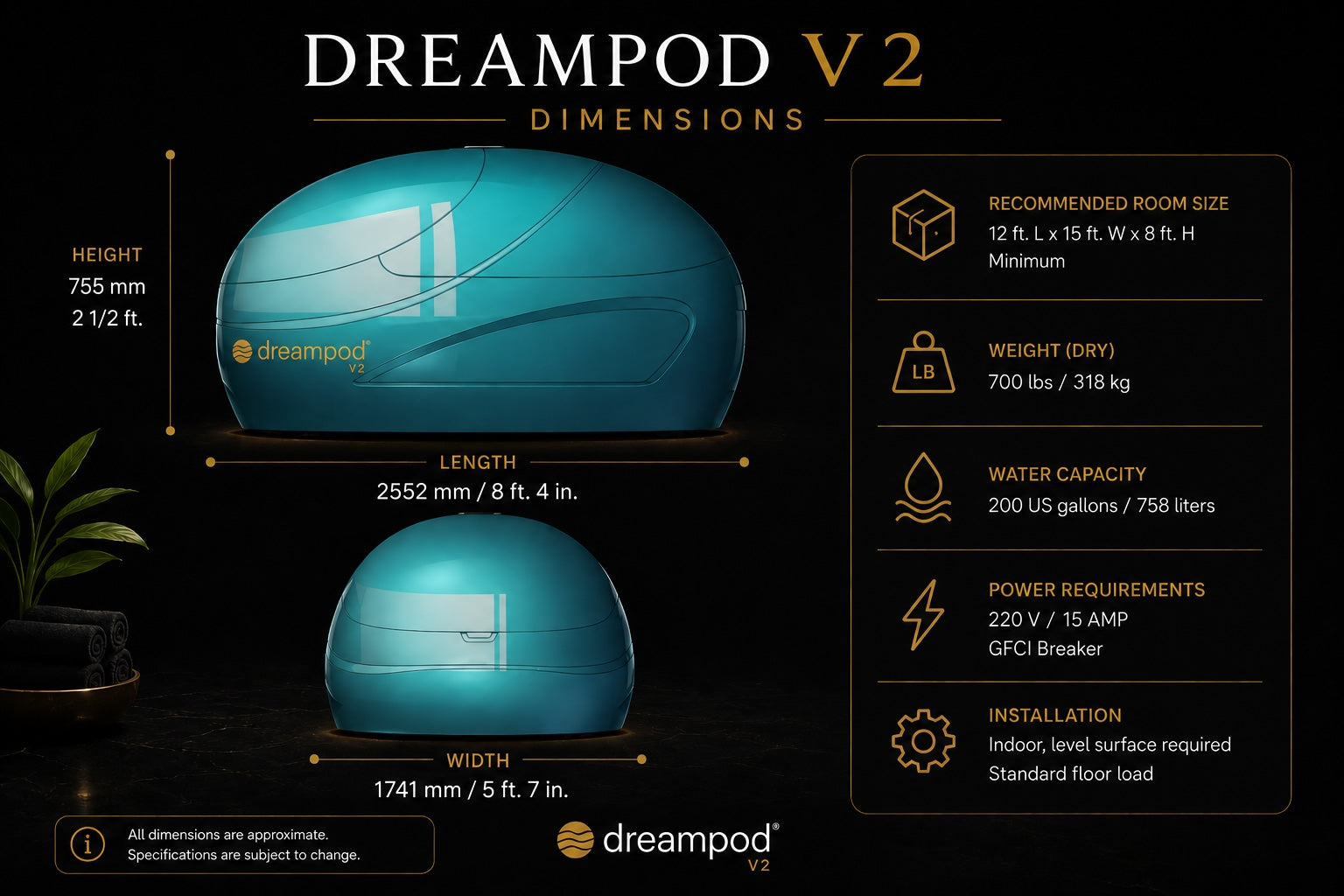 Dreampod V2 flotation tank dimensio