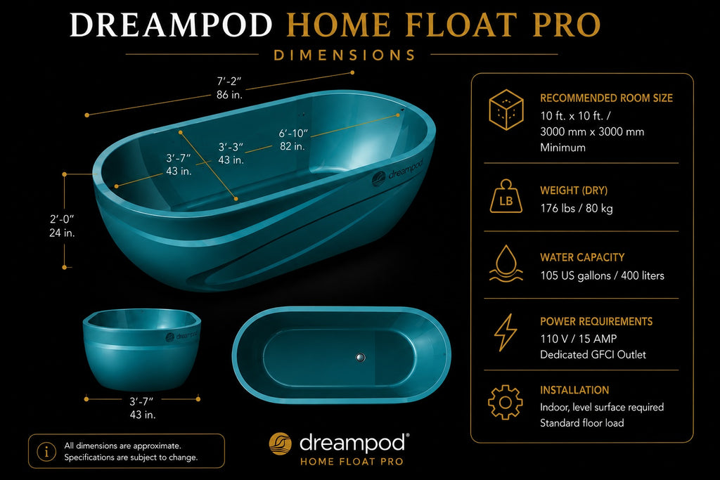 Dreampod Home Float Pro flotation tank dimensions and product specifications diagram