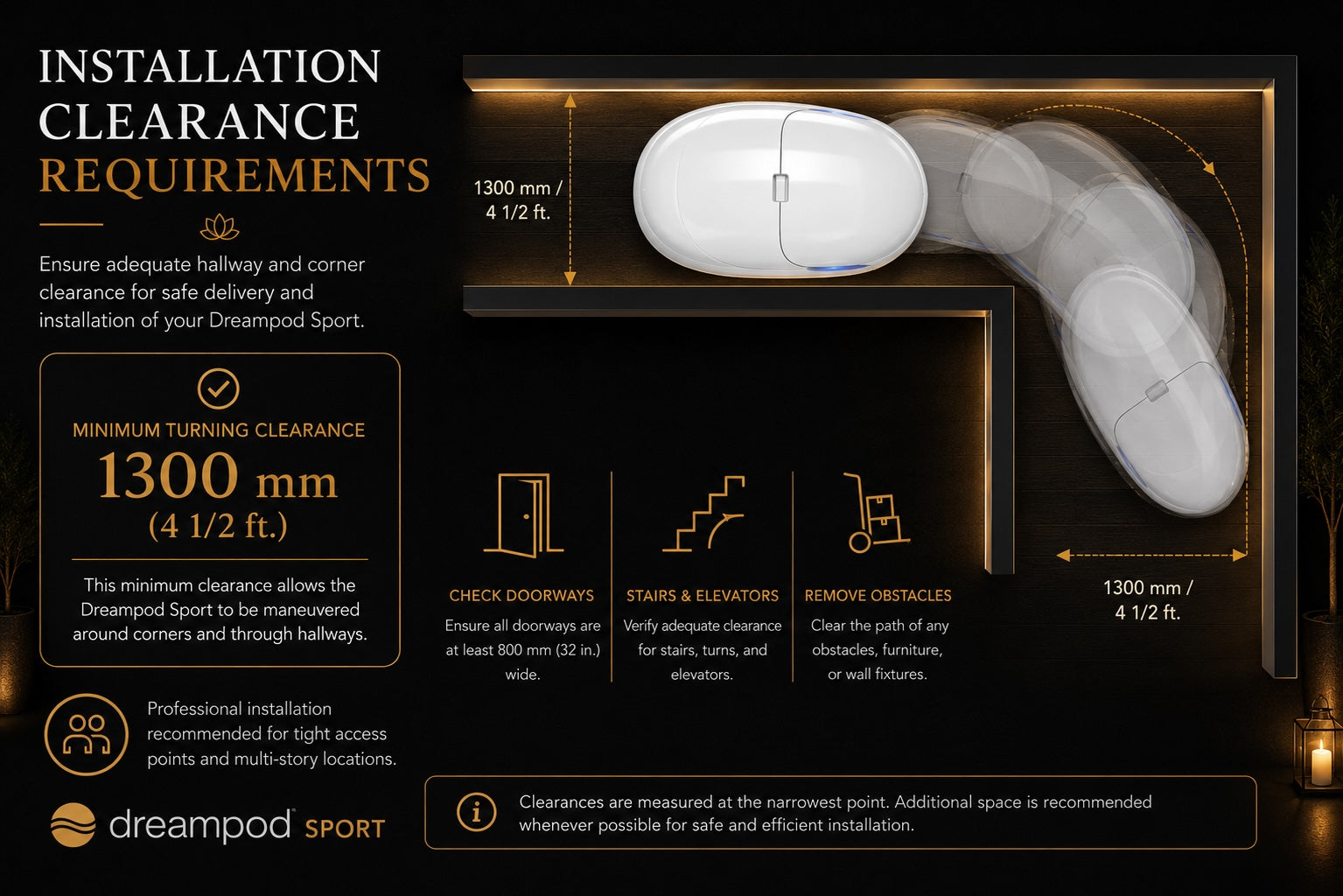 Dreampod Sport flotation pod hallway clearance and access requirements for delivery and installation