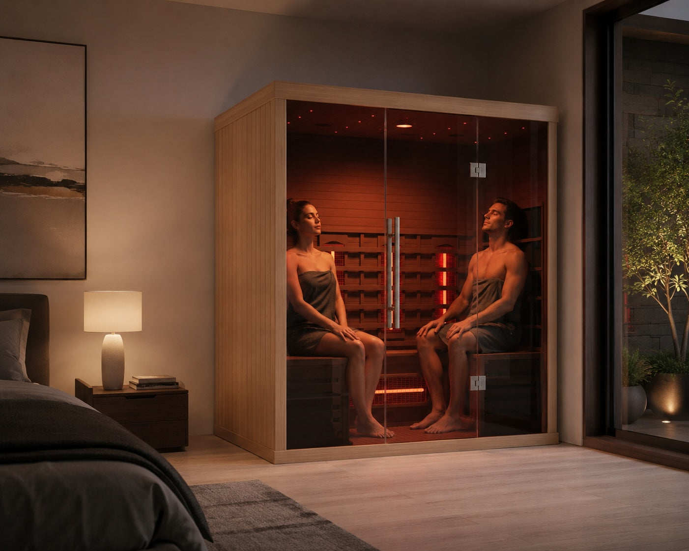 Luxury Lumin Three infrared sauna in a modern bedroom wellness retreat with warm red light therapy glow and relaxing spa-inspired interior design.