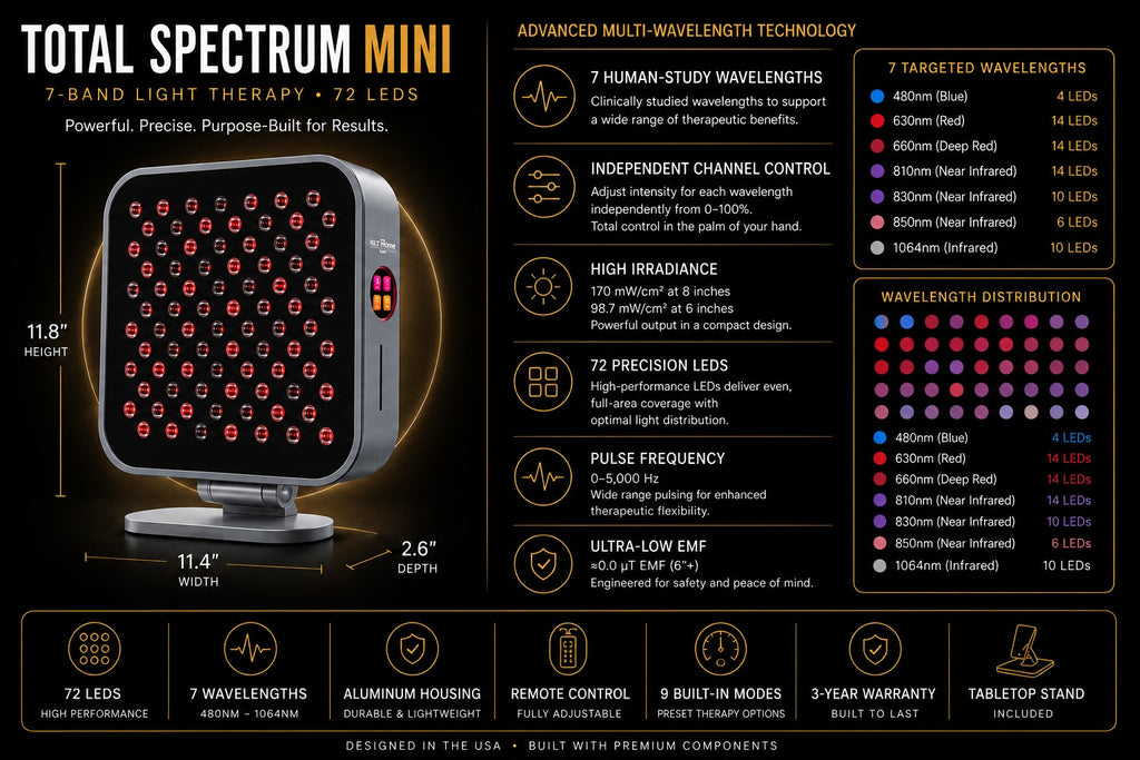 Total Spectrum MINI Tabletop Red Light Therapy Panel — 72 LEDs, 7 Wavelengths