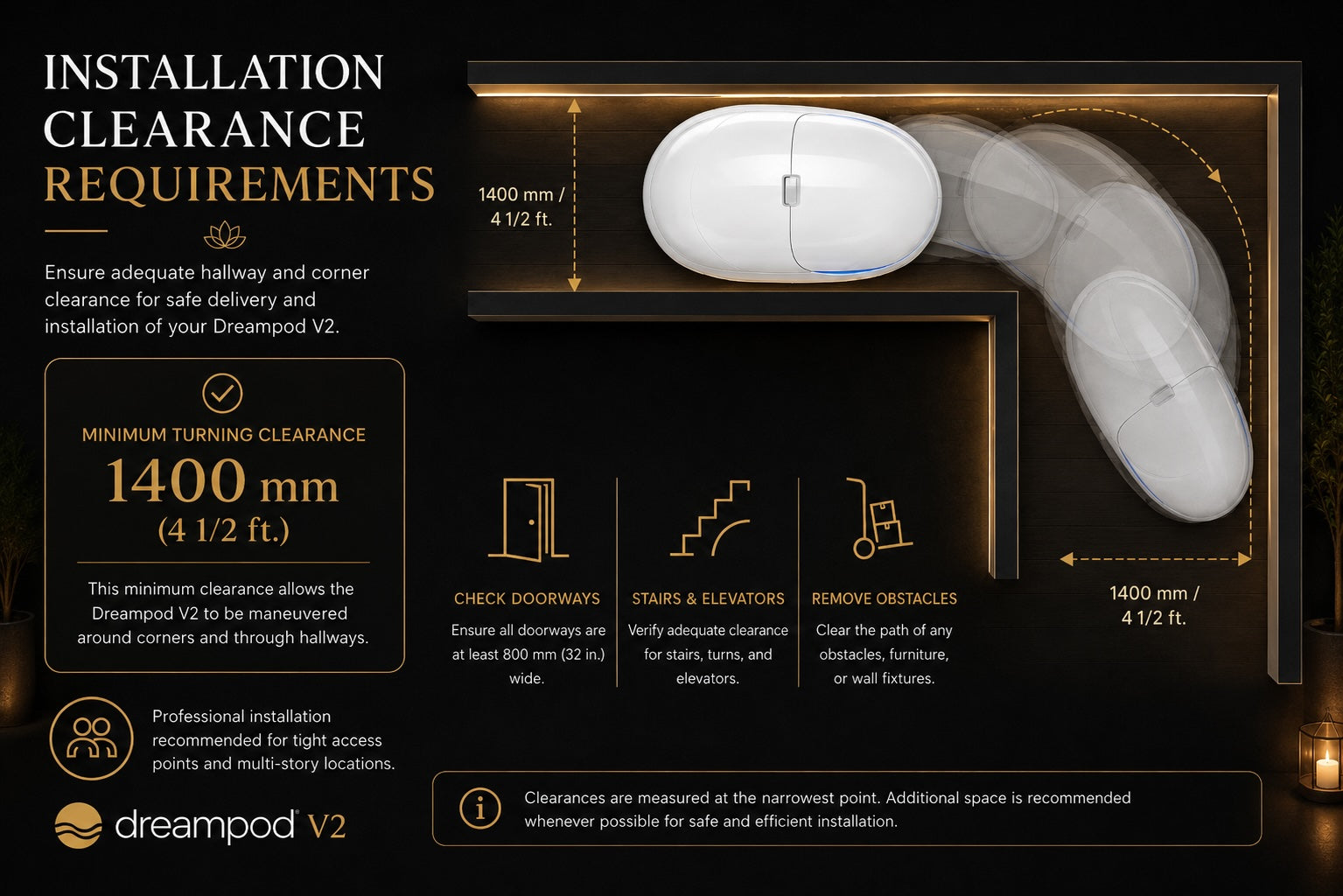 Dreampod V2 flotation tank hallway clearance and access requirements for delivery and installation