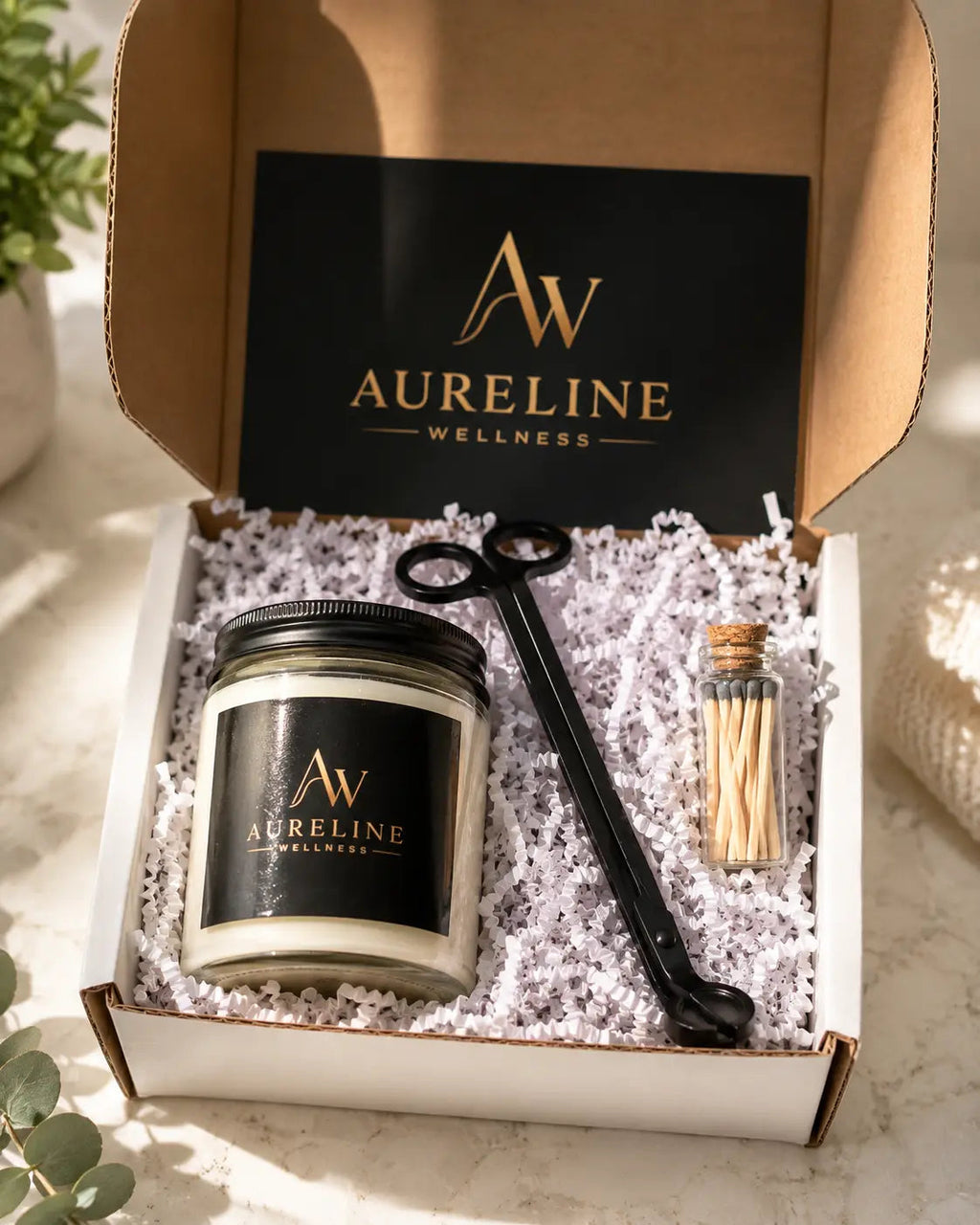 Aureline Wellness candle set unboxed in a gift box with wick trimmer and corked matches vial.