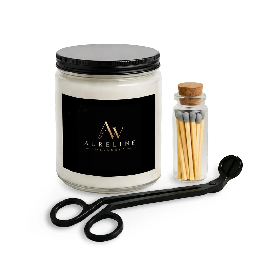Aureline Wellness candle set with soy candle jar, corked vial of matches and black wick trimmer.