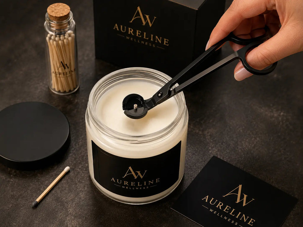 Aureline Wellness candle set with a wick trimmer poised over the open jar beside a vial of matches.