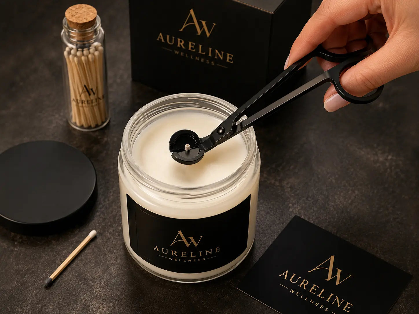 Aureline Wellness candle set with a wick trimmer poised over the open jar beside a vial of matches.