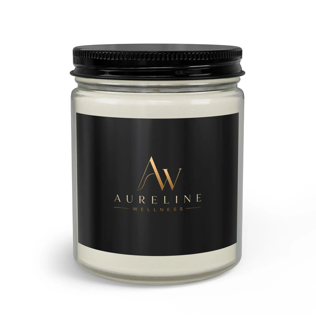 Clear glass Aureline Wellness mason jar candle with black lid and gold-lettered label.