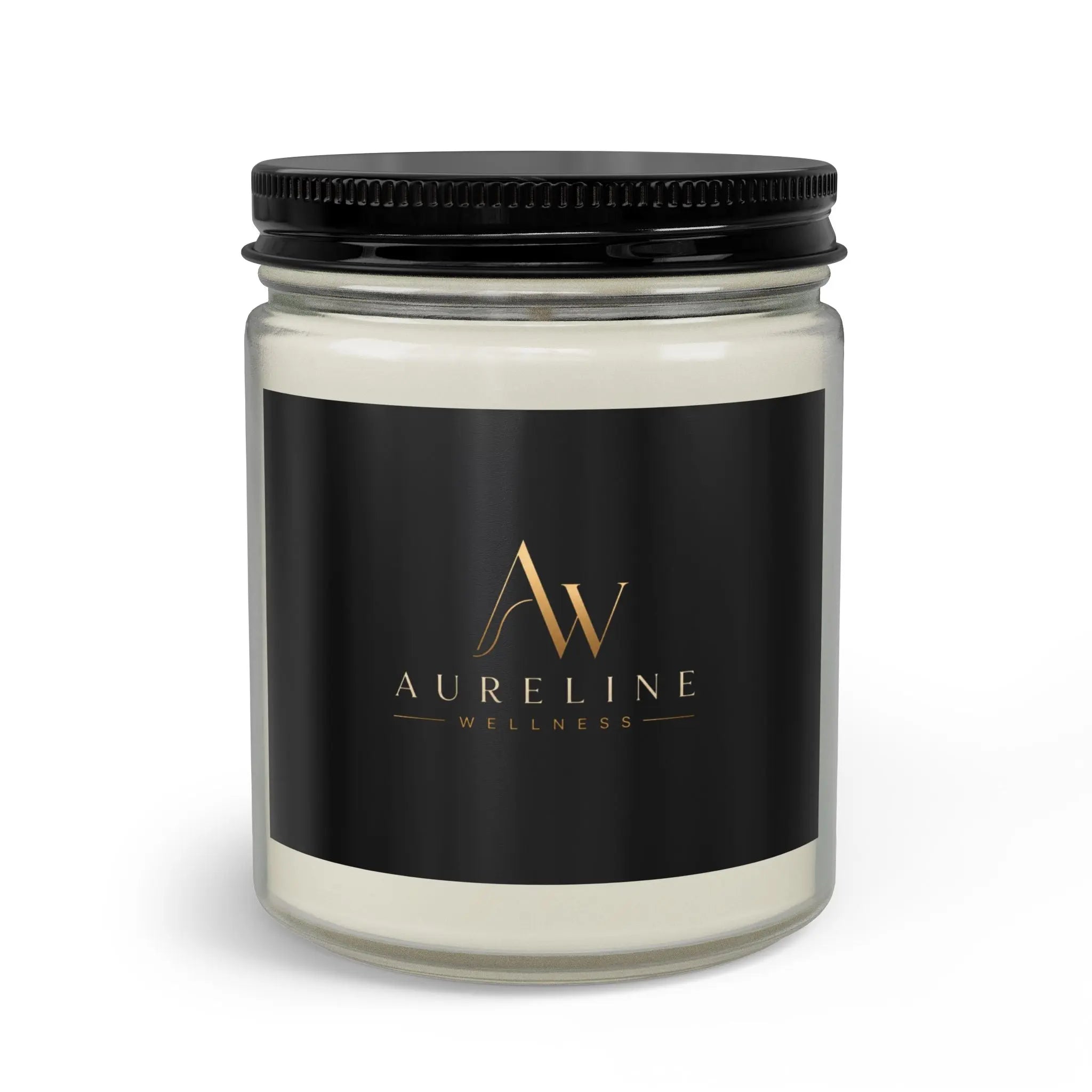 Clear glass Aureline Wellness mason jar candle with black lid and gold-lettered label.