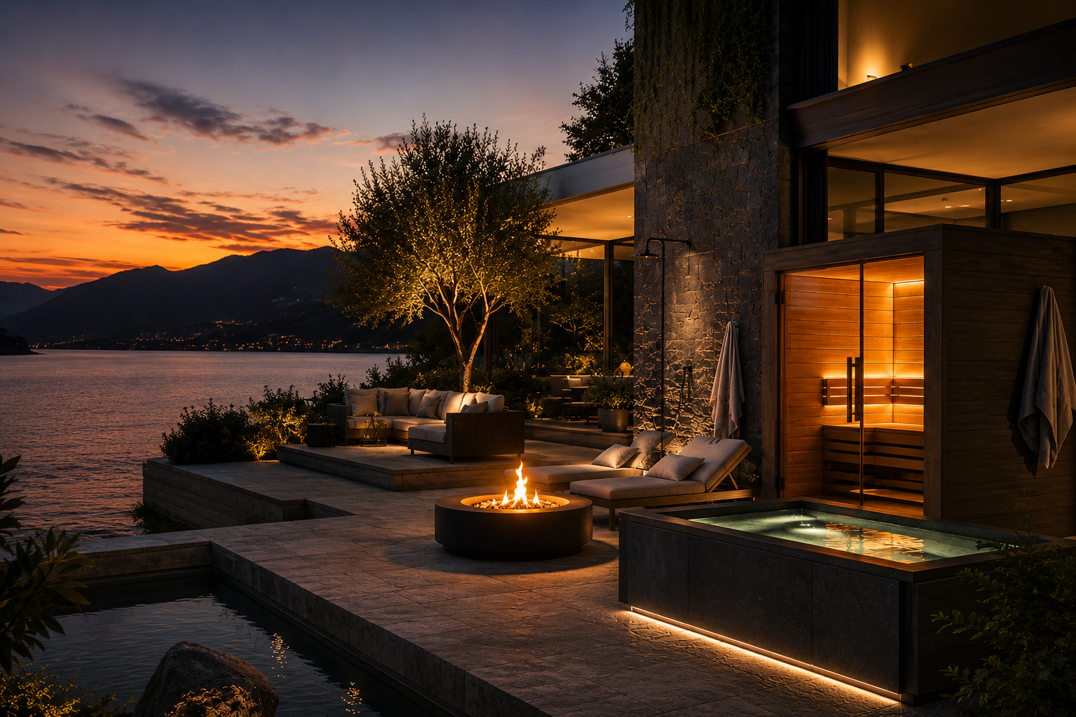 Luxury outdoor wellness retreat with modern spa, sauna, and cold plunge at sunset