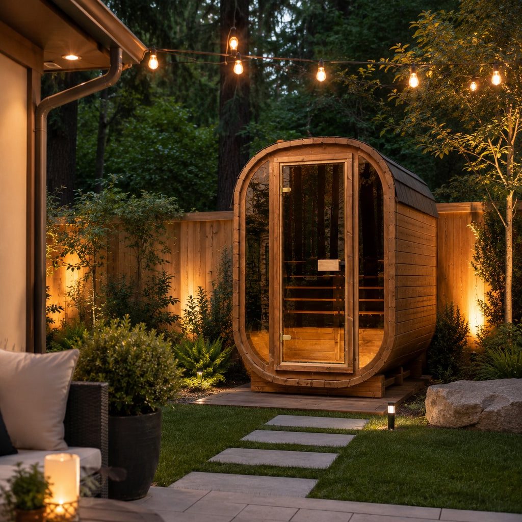 Luxury outdoor sauna in a modern backyard wellness retreat with warm evening lighting