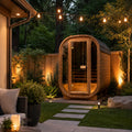 Luxury outdoor sauna in a modern backyard wellness retreat with warm evening lighting