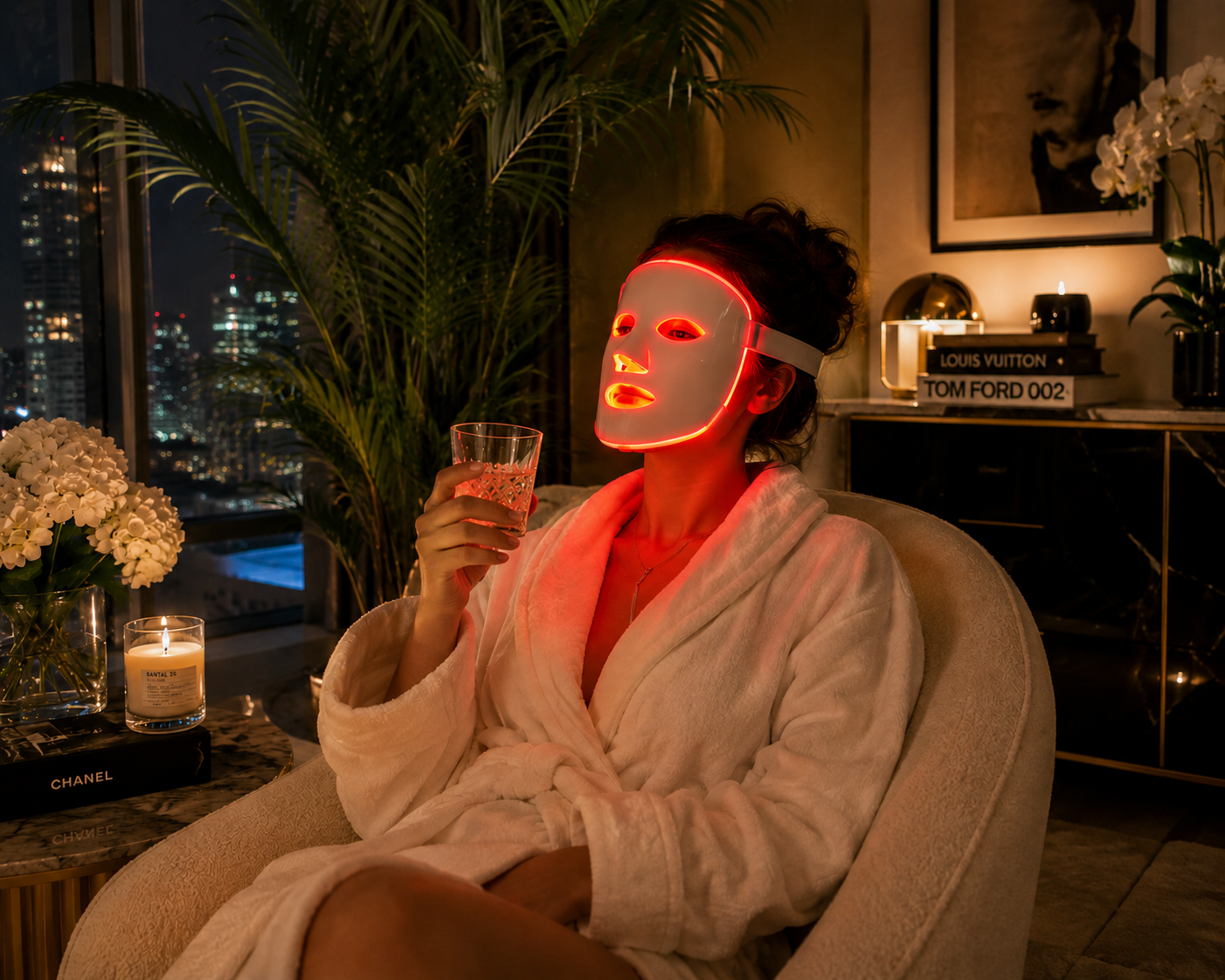 Woman relaxing with red light therapy mask in a luxury wellness space