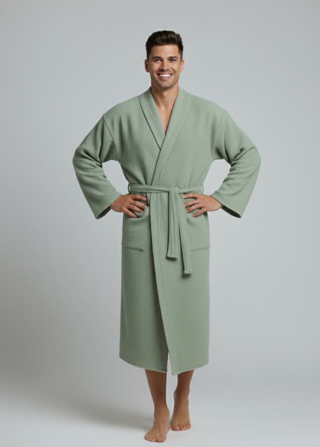 Man wearing green Turkish cotton waffle bathrobe