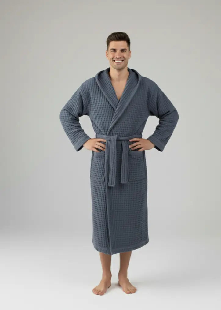 Man wearing navy Turkish cotton waffle bathrobe