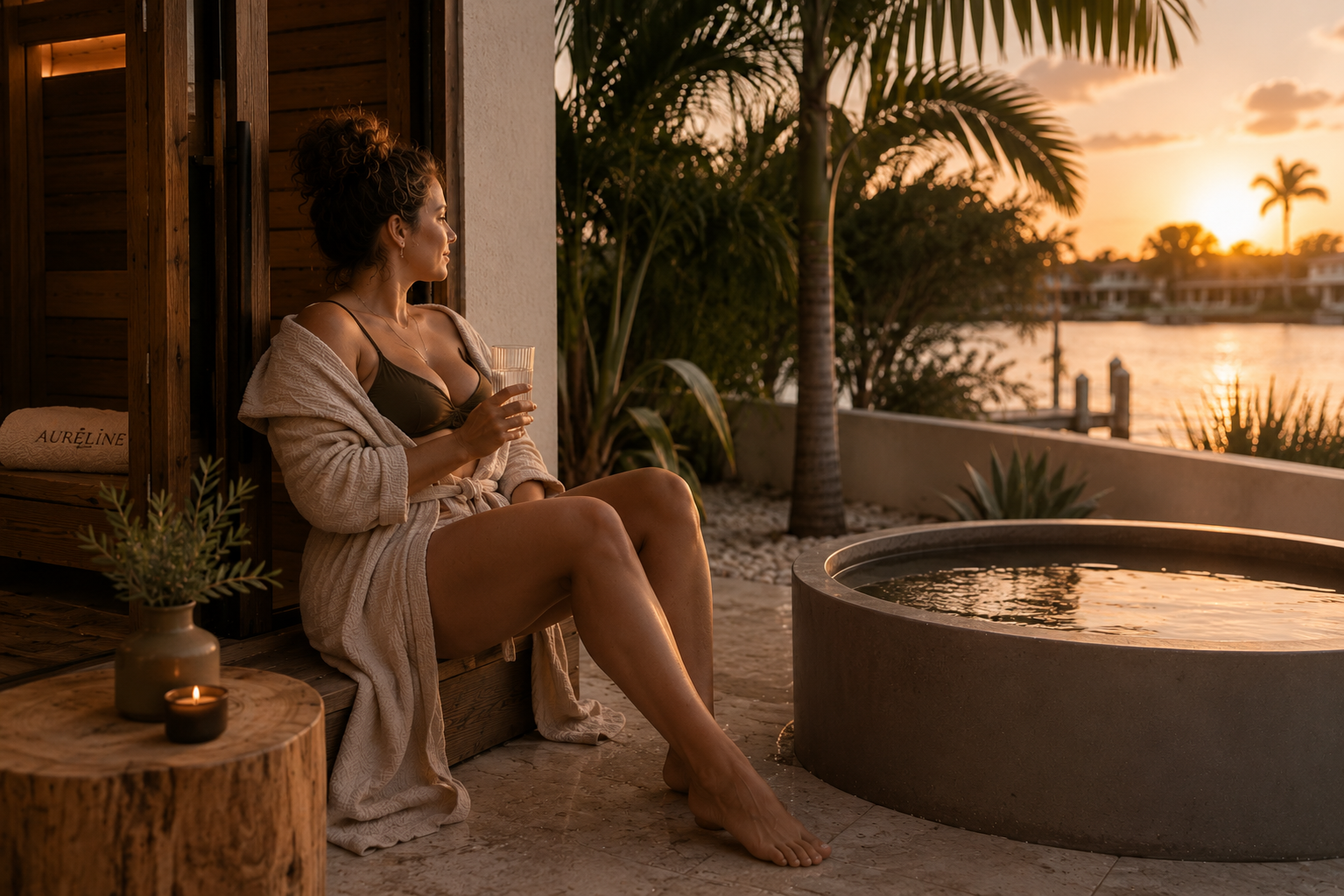 Luxury outdoor sauna and cold plunge wellness ritual with woman relaxing at sunset in a Florida-inspired spa retreat.