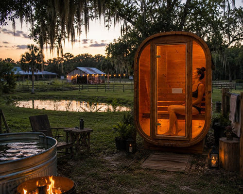 Auris One outdoor cedar sauna in the Florida countryside, surrounded by open landscape and designed for a peaceful backyard wellness retreat.