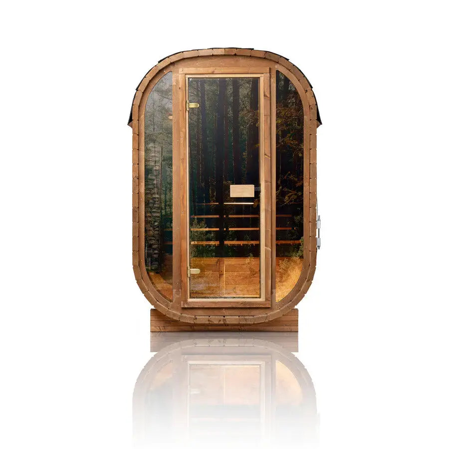 Auris One outdoor cedar sauna with panoramic glass door and modern curved design