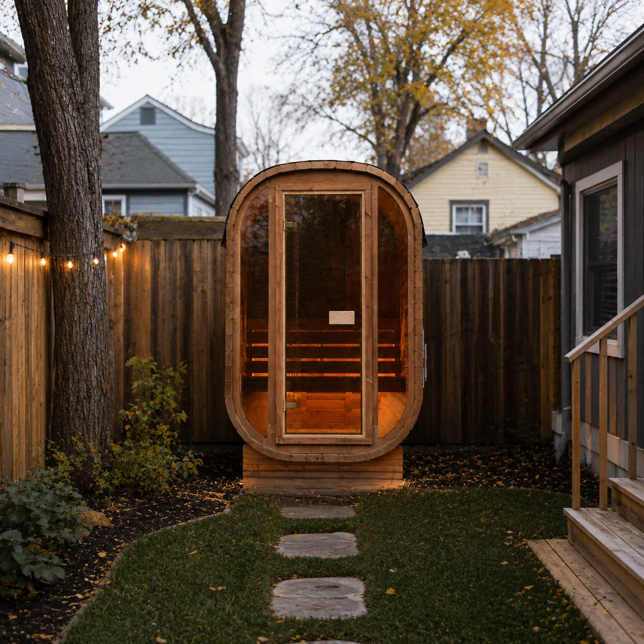 Auris One outdoor cedar sauna in a landscaped Minnesota backyard, creating a year-round home wellness retreat surrounded by mature trees.