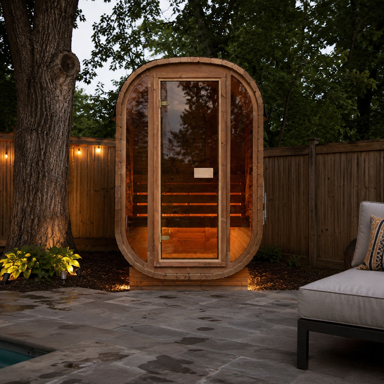 Auris One outdoor cedar sauna beside a luxury backyard pool, creating a private spa-inspired wellness retreat for year-round relaxation.