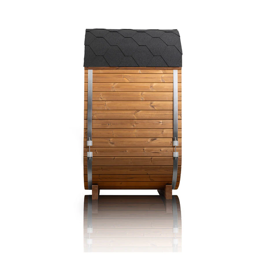 Rear exterior view of the Auris One outdoor cedar sauna