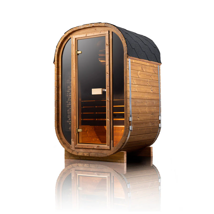 Side profile of a modern cedar outdoor sauna with panoramic front glass