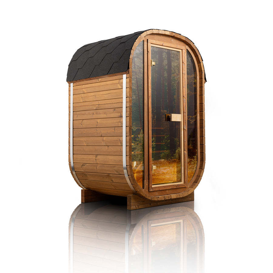 Auris One outdoor cedar sauna with panoramic glass door and modern barrel-inspired design