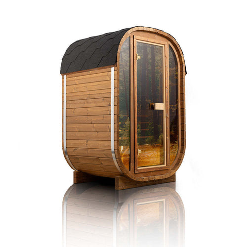 Auris One outdoor cedar sauna with panoramic glass door and modern barrel-inspired design