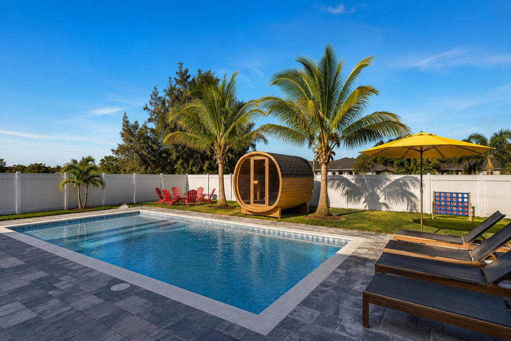 Luxury Cape Coral backyard featuring a swimming pool, lounge chairs, tropical palm trees, and a modern outdoor barrel sauna positioned between two palms.