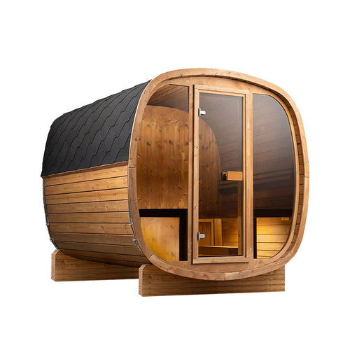 Auris Two outdoor cedar sauna with panoramic front glass and modern curved architecture
