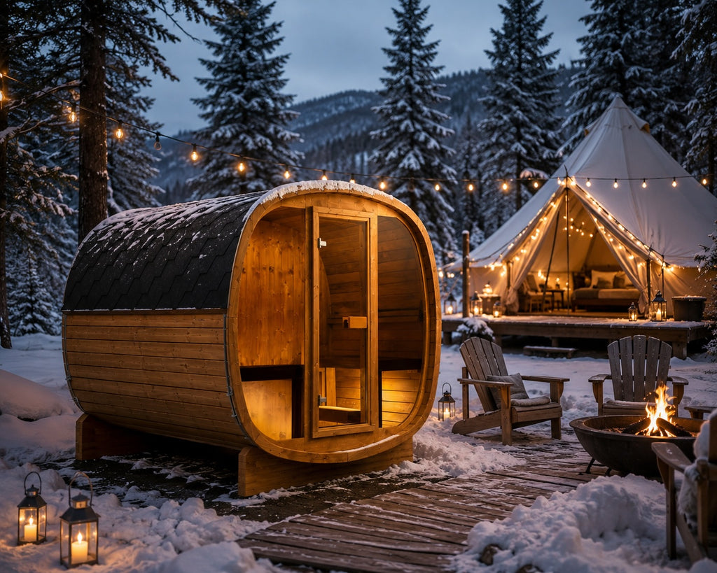 Auris Two outdoor cedar sauna at a luxury Nevada glamping retreat with desert mountain scenery and luxury accommodations.