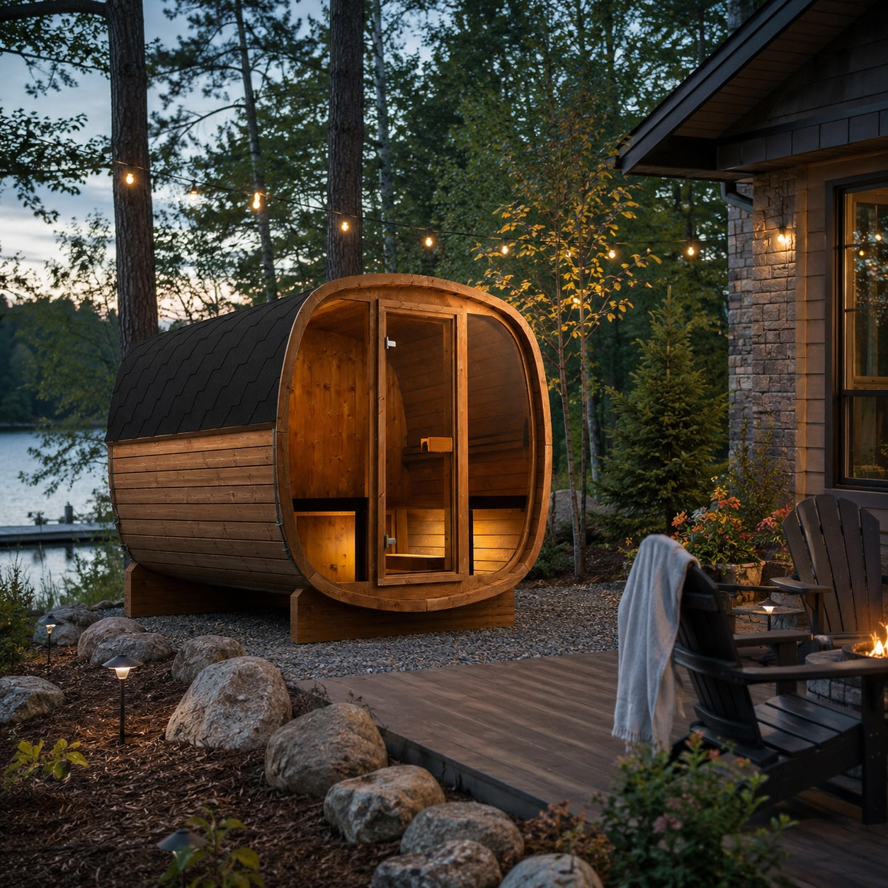 Auris Two outdoor cedar sauna in a landscaped Wisconsin backyard beside a modern home, creating a private wellness retreat.