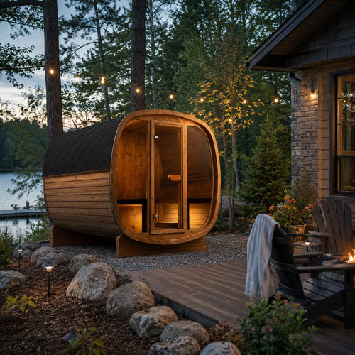 Auris Two outdoor cedar sauna in a landscaped Wisconsin backyard beside a modern home, creating a private wellness retreat.