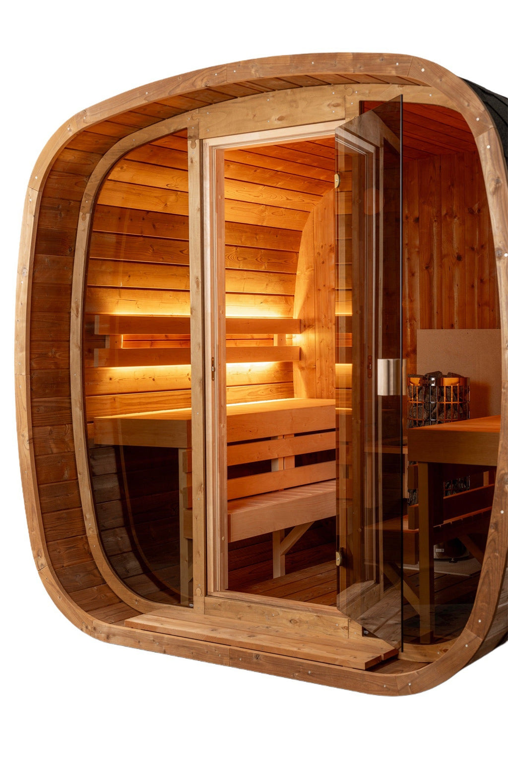 Warm illuminated cedar sauna interior with panoramic outdoor design
