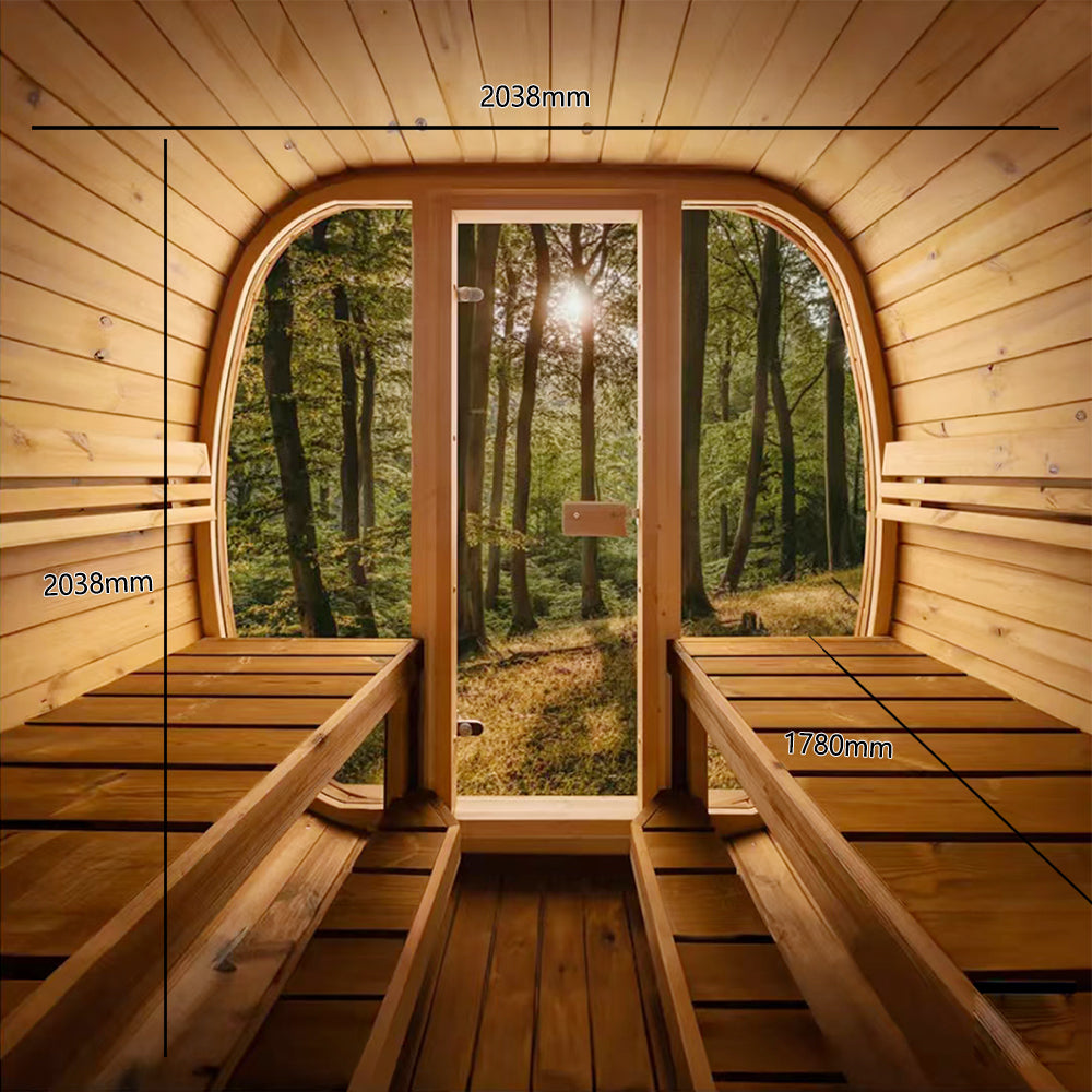 Cedar sauna interior with bench seating and warm spa-inspired lighting