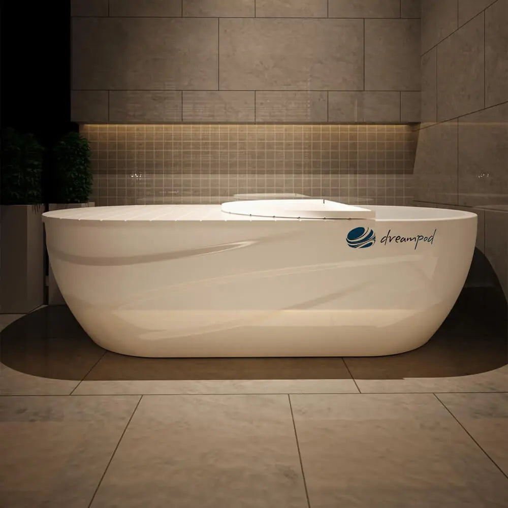 Dreampod Home Float Pro fiberglass flotation tank with lid open, showcasing the spacious interior for home wellness