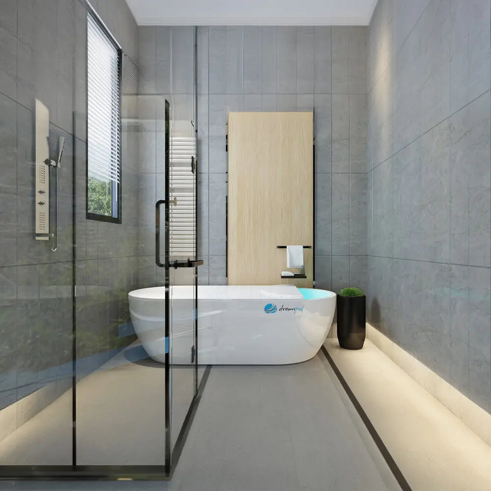 Dreampod Home Float Pro fiberglass flotation tank with open lid in a luxury bathroom wellness space.