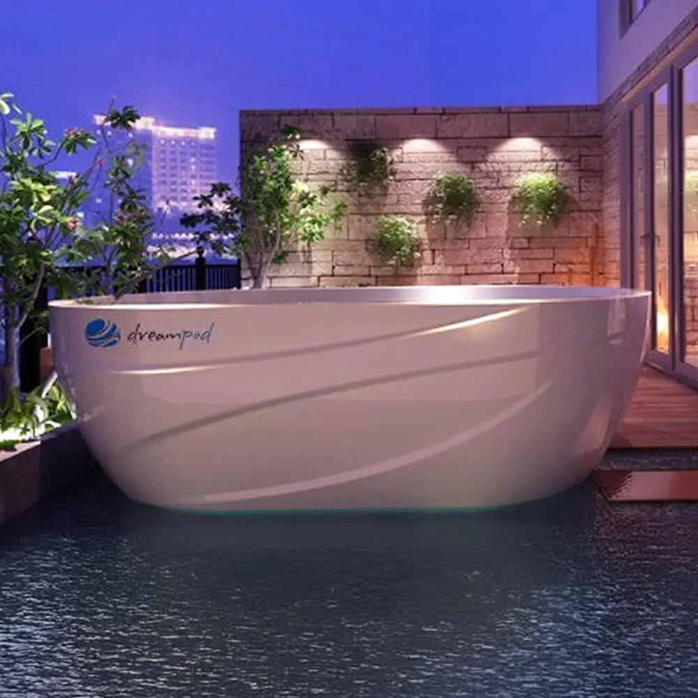 Dreampod Ice Bath chiller cold plunge, side view outdoors