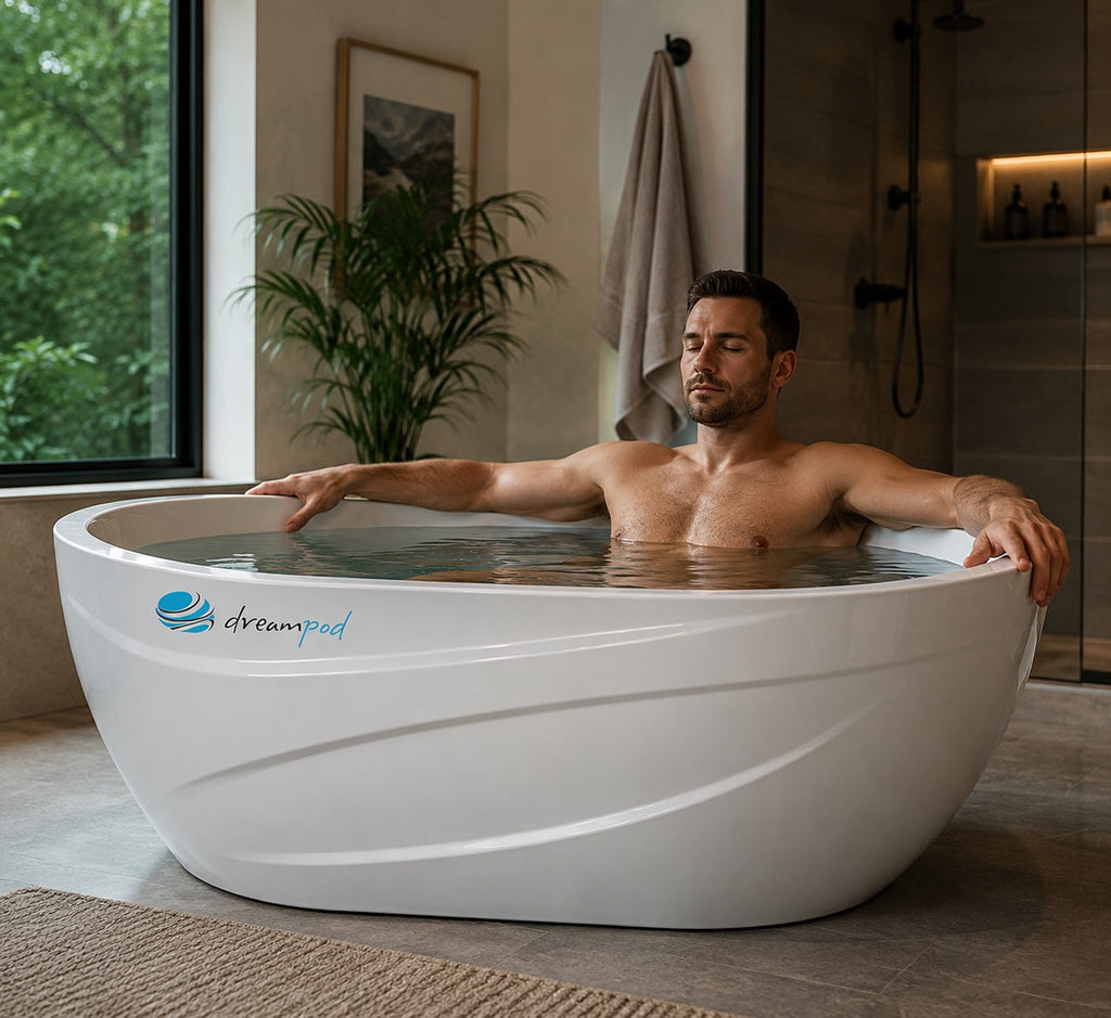 Person using a DreamPod cold plunge tub in a modern luxury home bathroom with spa-inspired design and natural light.