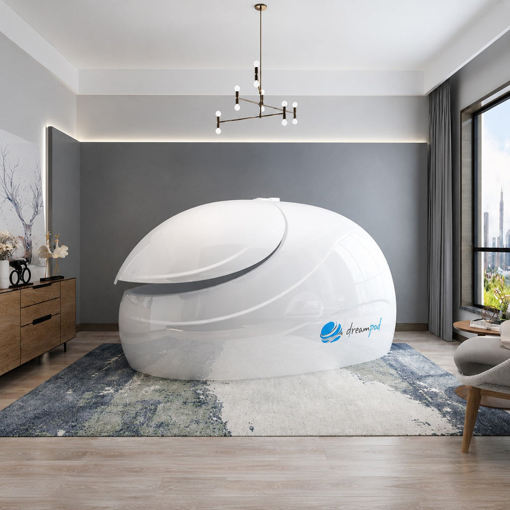 Dreampod Sport float tank in a modern home wellness room with soft ambient lighting and contemporary furnishings.