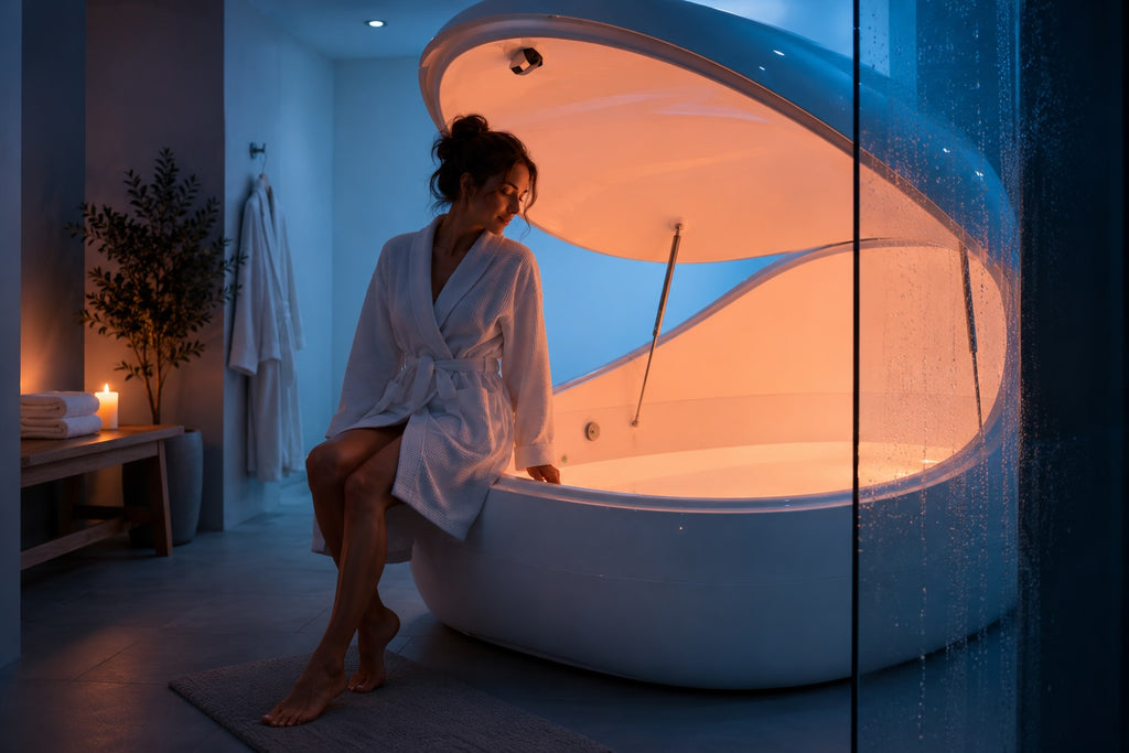 Woman in a white spa robe sitting beside a Dreampod VMAX flotation tank illuminated with calming blue and amber lighting in a luxury wellness spa setting.