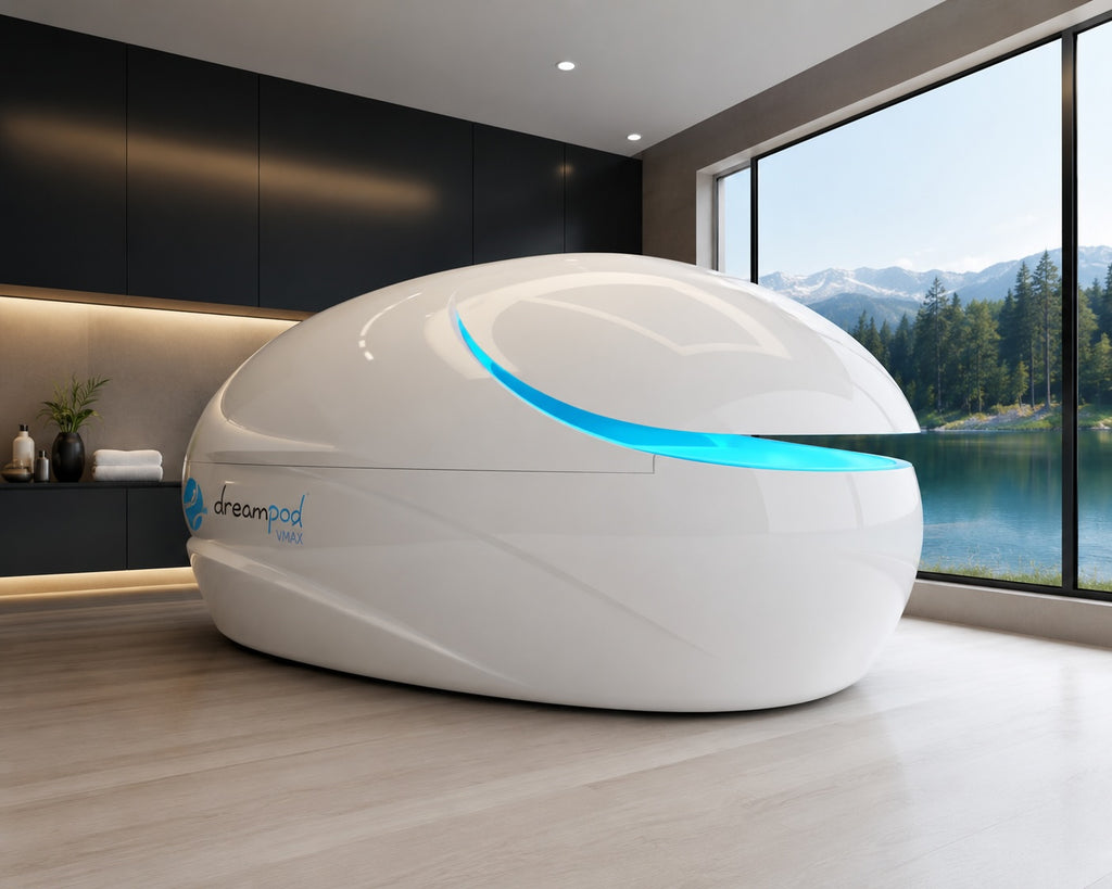 Dreampod VMAX sensory isolation float tank pod designed for home wellness, relaxation, recovery, and float therapy.